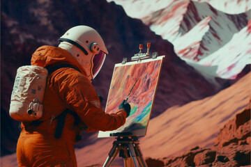 Artist astronaut painting on canvas landscape of an unexplored planet. The concept of creativity, journey and art. created with ai