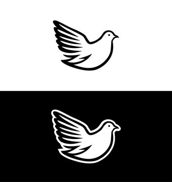 Dove vector emblem illustration isolated on white and black background. Symbol of Peace and Heaven. Beautiful design of White flying free bird.