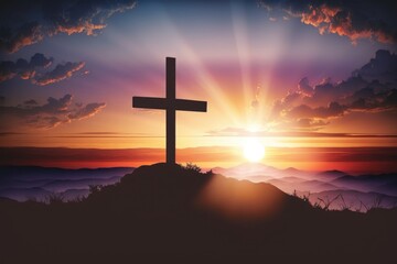 Fototapeta na wymiar Silhouette cross of Jesus Christ on sunrise background, Generative AI