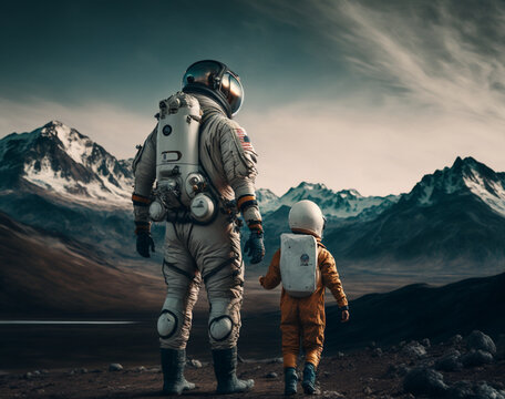 Father And Child In Space Suits Travel To A Mysterious Planet. Astronauts Are Exploring A New Planet. Family Travel Concept. Uncharted Space. Created With Ai