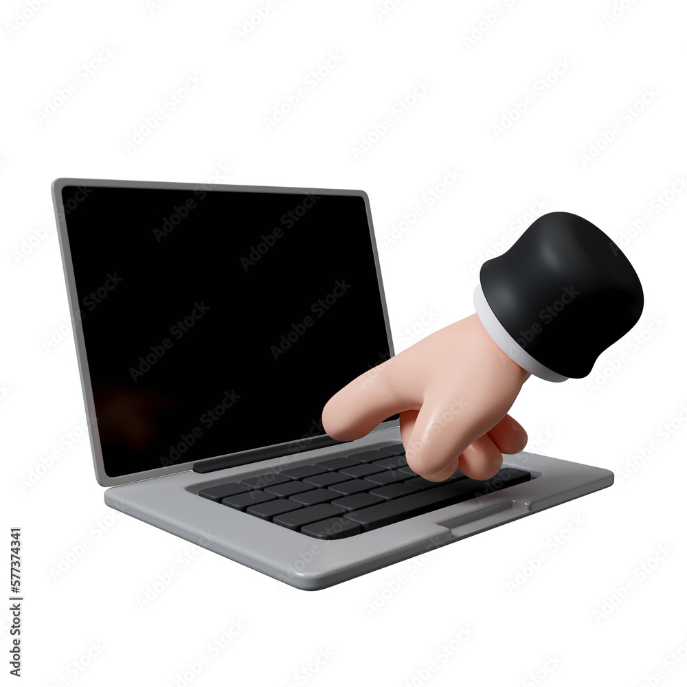 Poster 3d computer laptop with hand finger presses on keyboard button. typing on notebook. icon isolated on