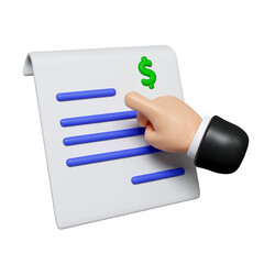 3d hand pointing at financial documents. icon isolated on white background. 3d rendering illustration. Clipping path.