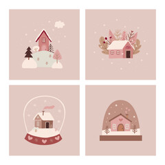 Winter card with houses, trees for Christmas