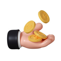 3D Golden coins dropping in open human palm. Symbol of earning, receiving bank interest, successful financial transaction. icon isolated on white background. 3d rendering illustration. Clipping path.