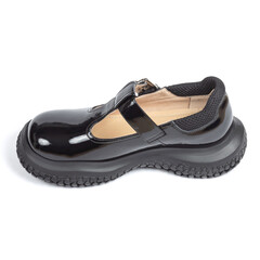 Black shiny glossy comfortable leather women's sandals on a thick rubber sole on a white background