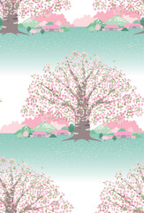 Vector illustration of a landscape with a view of a large cherry trees and a small village. The design can be used for creating invitation cards, picture frames, posters, or scrapbooks. 