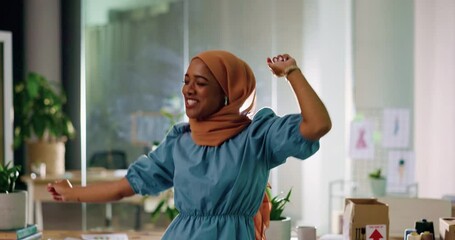 Dance, documents in air and Muslim woman in office for victory, celebration and work achievement. Happy, success and Islam female worker dancing in workplace for pay bonus, business deal and winner