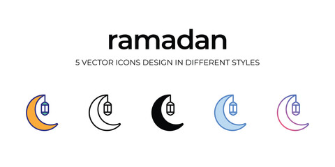 ramadan Icon Design in Five style with Editable Stroke. Line, Solid, Flat Line, Duo Tone Color, and Color Gradient Line. Suitable for Web Page, Mobile App, UI, UX and GUI design.