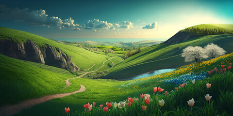 Beautiful spring landscape scene with rolling green hills and flowers. Generative ai - obrazy, fototapety, plakaty