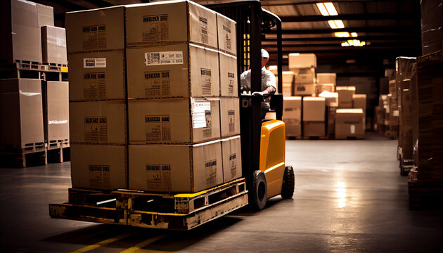 Image of a pallet jack moving stacked goods in a warehouse generated by AI