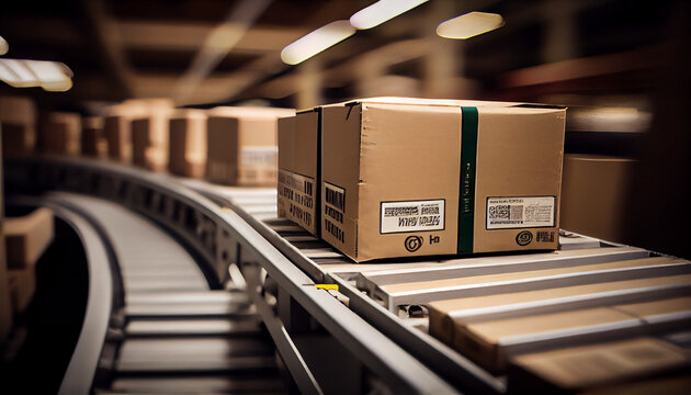 Image of a conveyor belt carrying boxes in a factory generated by AI