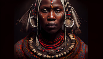 Retrato de hombre o guerrero de tribu africana, mirando a la cámara o al frente , generado con IA - obrazy, fototapety, plakaty