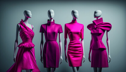 On mannequins against a white backdrop, there are 4 different modern outfits in vibrant viva magenta. An accessory for a fashion photoshoot.  Created with generative Ai Technology
