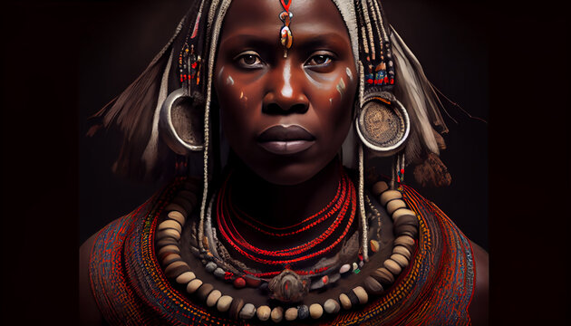 Retrato de hombre o guerrero de tribu africana, mirando a la c&aacute;mara o al frente , generado con IA