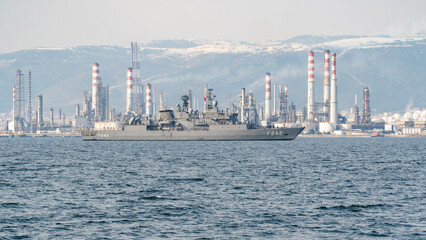 Turkish battleship. TCG Fatih (F-242) frigate patrol in Gulf of Izmit. Turkish naval force