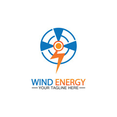 Wind energy logo. renewable energy icon with wind turbines and thunder bolt isolated on white background