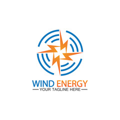 Wind energy logo. renewable energy icon with wind turbines and thunder bolt isolated on white background