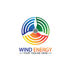 Wind energy logo. renewable energy icon with wind turbines and thunder bolt isolated on white background