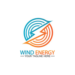 Wind energy logo. renewable energy icon with wind turbines and thunder bolt isolated on white background