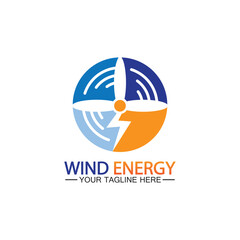 Wind energy logo. renewable energy icon with wind turbines and thunder bolt isolated on white background
