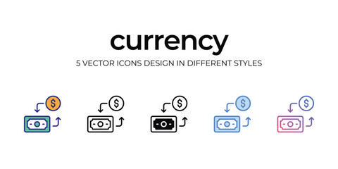 currency Icon Design in Five style with Editable Stroke. Line, Solid, Flat Line, Duo Tone Color, and Color Gradient Line. Suitable for Web Page, Mobile App, UI, UX and GUI design.