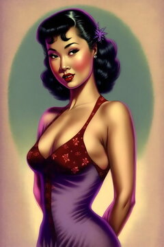 beautiful vintage 1940s pinup asian woman wearing chemise, generative ai
