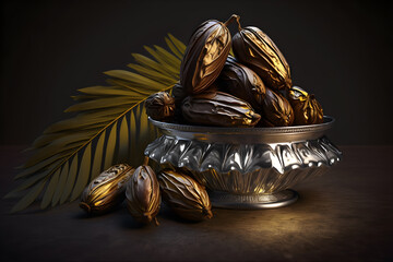 Date palm is placed on silver with wooden black background. Generative AI