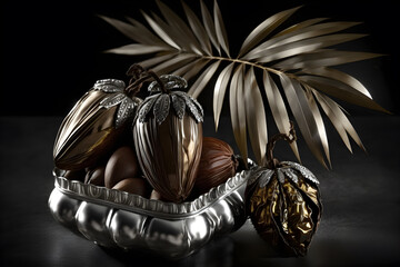 Date palm is placed on silver with wooden black background. Generative AI