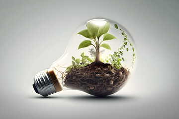 Light Bulb with sprout inside isolated in white background. Small plant growing inside a lightbulb. Generative AI