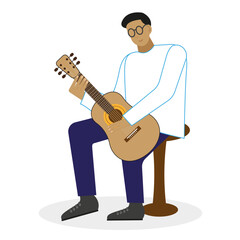 A guy with a guitar is sitting on a chair. Flat vector illustration