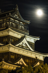 Fototapeta na wymiar 日本　広島県広島市の広島市中央公園内にある夜になってライトアップされた広島城の天守閣と満月