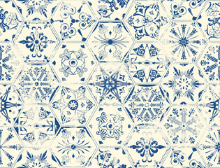 Seamless vintage pattern with an effect of attrition. Patchwork carpet. Hand drawn seamless abstract pattern from tiles. Azulejos tiles patchwork. Portuguese and Spain decor in blue and white.