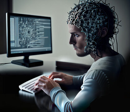 Concept art illustration of man monitoring his brain with sensors electrodes, brain-computer interfaces, electroencephalogram, futuristic depiction, AI generative