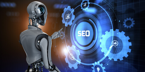 SEO Search engine optimisation digital marketing automation. Robot pressing button on screen 3d render.