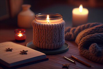 A candle and a book on a table with a knitted sweater. Generative ai