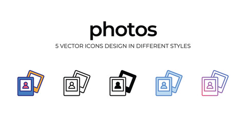 photos Icon Design in Five style with Editable Stroke. Line, Solid, Flat Line, Duo Tone Color, and Color Gradient Line. Suitable for Web Page, Mobile App, UI, UX and GUI design.