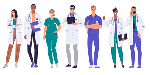 Fototapeta na wymiar A group of doctors, nurses and medical personnel. Medical team isolated on white. Set of male and female doctors. Characters in white coats and scrubs. Full-length smiling doctors. Flat vector.