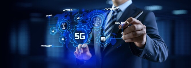5G High-speed internet connection concept. Businessman pressing button on screen.