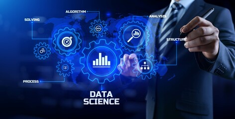 Data science analytics concept. Businessman pressing button on screen.