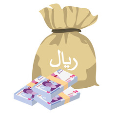 Iranian Rial Vector Illustration. Iran, Afghanistan, Hajj, Syria money set bundle banknotes. Money bag 50000 IRR. Flat style. Isolated on white background. Simple minimal design.