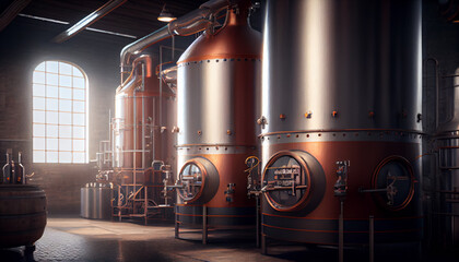 Modern Beer Factory. Rows of steel tanks for beer fermentation and maturation. Spot light effect