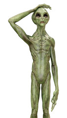 3D Rendering Green Alien on White