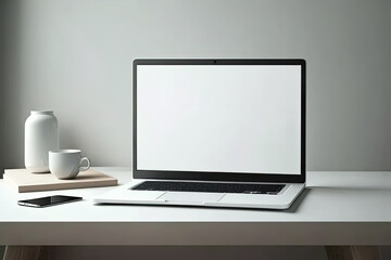 Laptop with blank screen on white table with mouse and smartphone. Home interior or office background. Ai generative
