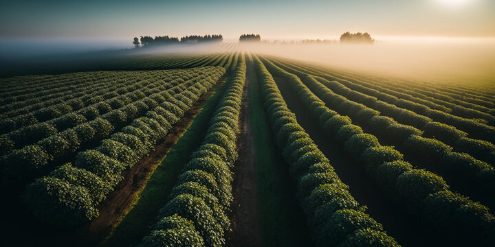 big panoramic view of black currant bushes, rows of fruit plantations under the blue sky sunnrise fog 