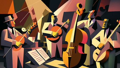 Afro-American New Orleans acoustic male jazz band musicians playing in an abstract cubist style painting for a poster or flyer, computer Generative AI stock illustration