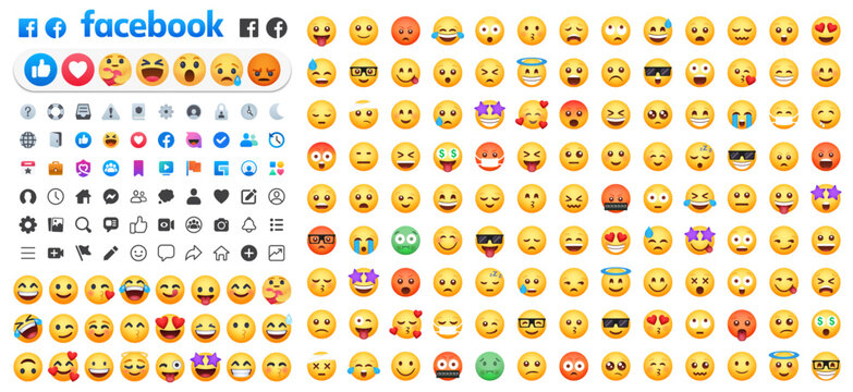 Facebook icons and emoticon smile icons collection. Facebook app icons and cartoon emoji icons