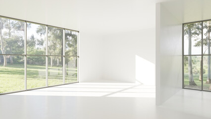 Fototapeta na wymiar Modern interior space with white walls and large windows. 3d render