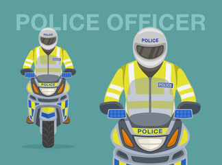 Isolated european motorcycle patrol unit. Police officer on bike. Front view. Flat vector illustration template.