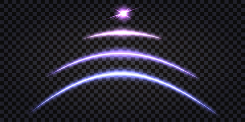 Neon glowing light laser beam. Purple and blue shiny arc, thunder lightning bolt, Synthwave design, ray line isolated  on transparent background.  Vector illustration