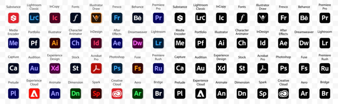 Adobe products icon collection. Set of Adobe logo on a transparent background. Adobe logo icons in different style